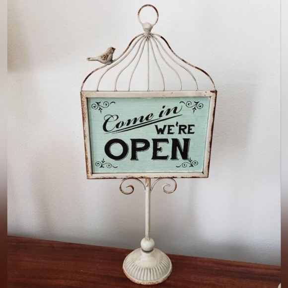 Vintage Style Open Close Pedestal Sign Bird Cage Top with Small Bird - Picture 2 of 8